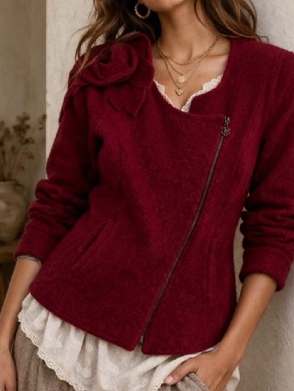 Anthropologie Sleeping On Snow Asymmetrical Zip Red Jacket- Flower Applique NWT